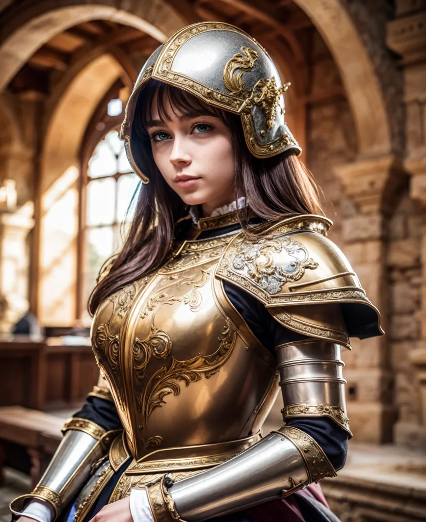 This is an image of a young woman in medieval armor. She is wearing a silver and gold helmet with a red plume. The breastplate of her armor is gold with intricate designs. She is also wearing silver gauntlets and a red skirt. She has long brown hair and blue eyes. She is standing in a stone building with arched windows.