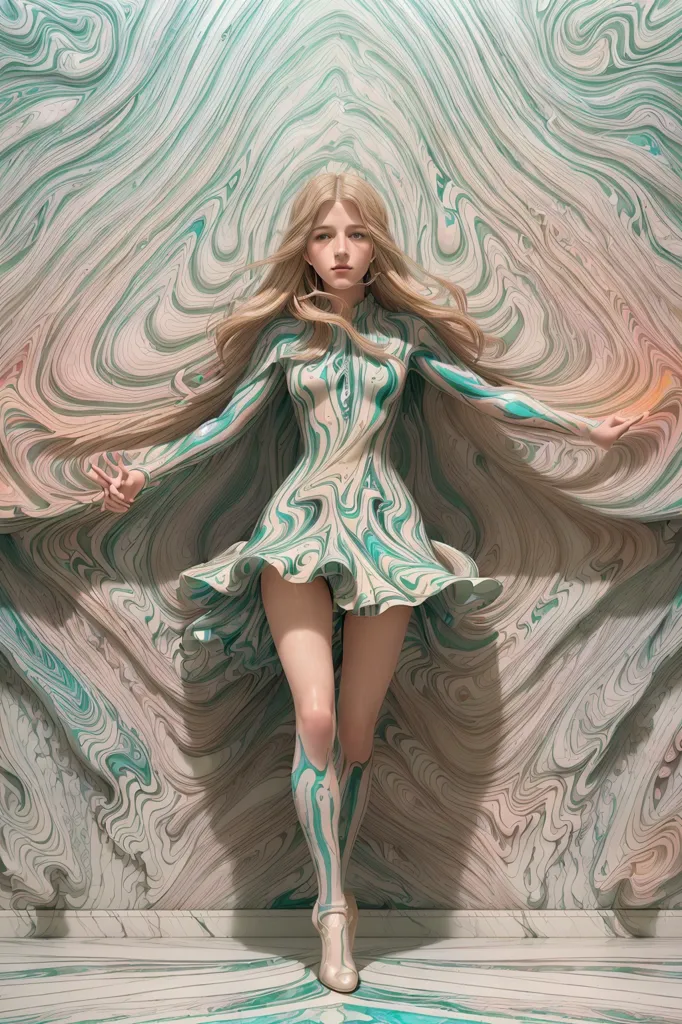 A imagem é de uma mulher em pé diante de uma parede de mármore verde e branco. Ela está vestindo um vestido feito do mesmo mármore. O vestido tem um colarinho alto e mangas longas. O cabelo da mulher é loiro e seus olhos são azuis. Ela está descalça e seus braços estão esticados para os lados.