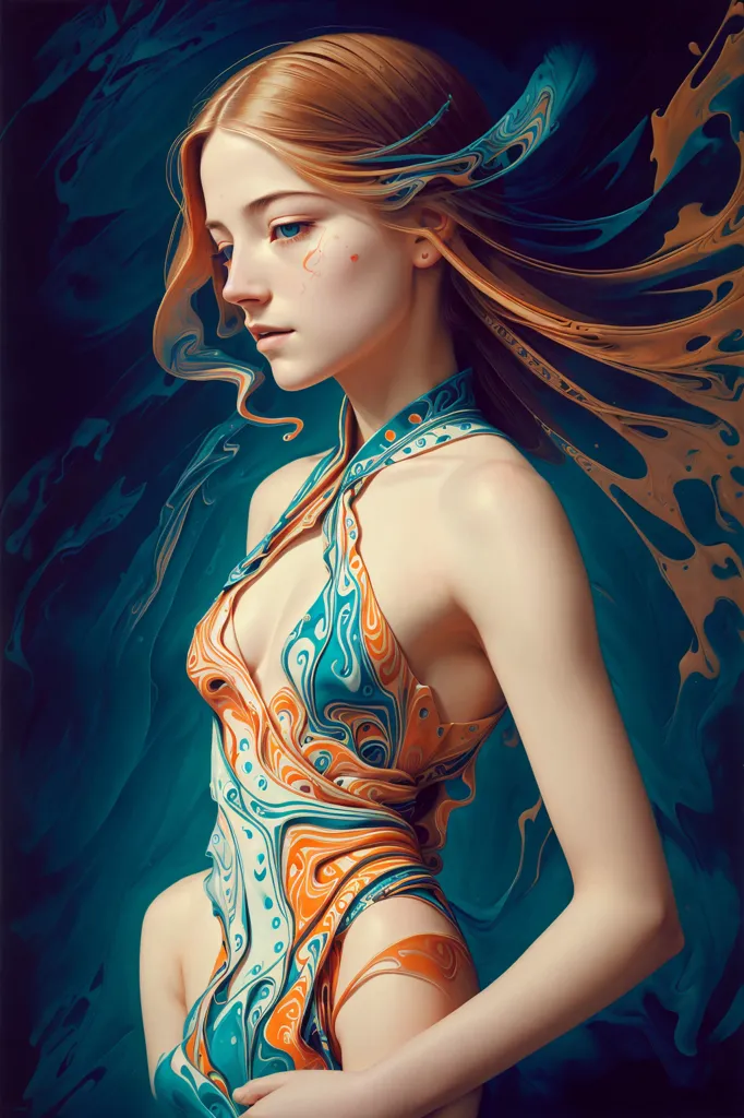 L'image est un portrait d'une femme aux longs cheveux ondulants. Elle porte une robe faite d'un matériau étrange, liquide. La robe est bleue et orange, et elle semble bouger et couler autour de son corps. La peau de la femme est pâle, et ses yeux sont d'un bleu profond. Elle regarde le spectateur avec une expression sérieuse. L'arrière-plan de l'image est sombre et bleu.