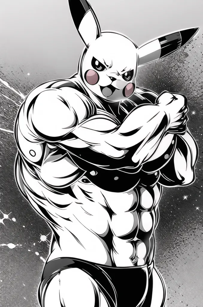 The image is a black and white drawing of a muscular Pikachu. It is standing with its arms flexed and is wearing a pair of swim trunks. The background is white with some gray shading.