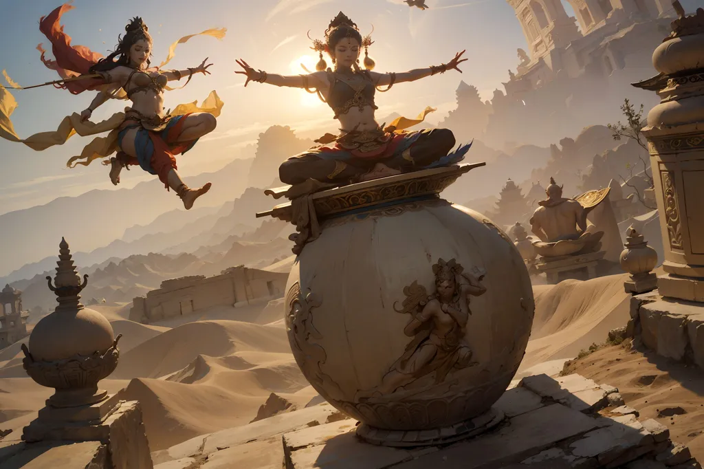 The image shows two women in traditional Indian clothing dancing on top of a large stone pedestal in the middle of a desert. The women are both wearing elaborate headdresses and jewelry, and they are dancing with their arms outstretched. The pedestal is decorated with carvings of gods and goddesses, and there are several other statues of gods and goddesses on the ground around the pedestal. In the background, there is a large temple or palace, and the sun is setting behind it.