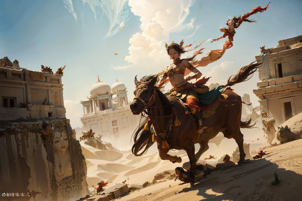 The image is set in a desert with a large white temple in the background. The temple is in ruins, with large chunks of it missing. There are also several smaller buildings scattered around the temple.

In the foreground, a woman is riding a horse. She is wearing a golden bikini top and a long red skirt. She has a sword in her hand and is looking back at a group of people who are chasing her.

The people chasing her are all wearing white robes. They are armed with swords and spears. They are running as fast as they can, but the woman on the horse is faster.

The woman on the horse is about to reach the temple. She is going to escape from the people who are chasing her.