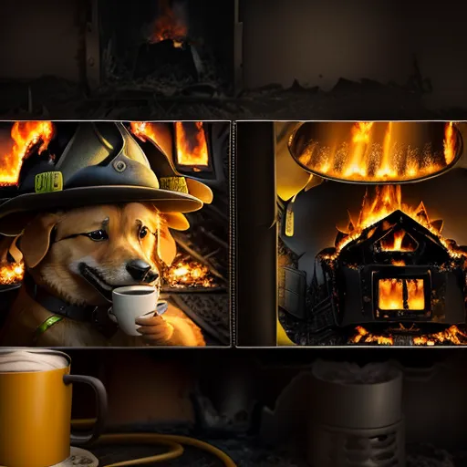 The image shows a firefighter dog wearing a firefighter's hat and holding a coffee cup in its mouth. There are two scenes. In the first scene, the background is a raging fire, and in the second scene, the background is a house on fire. The dog is sitting in front of the fire in both scenes.