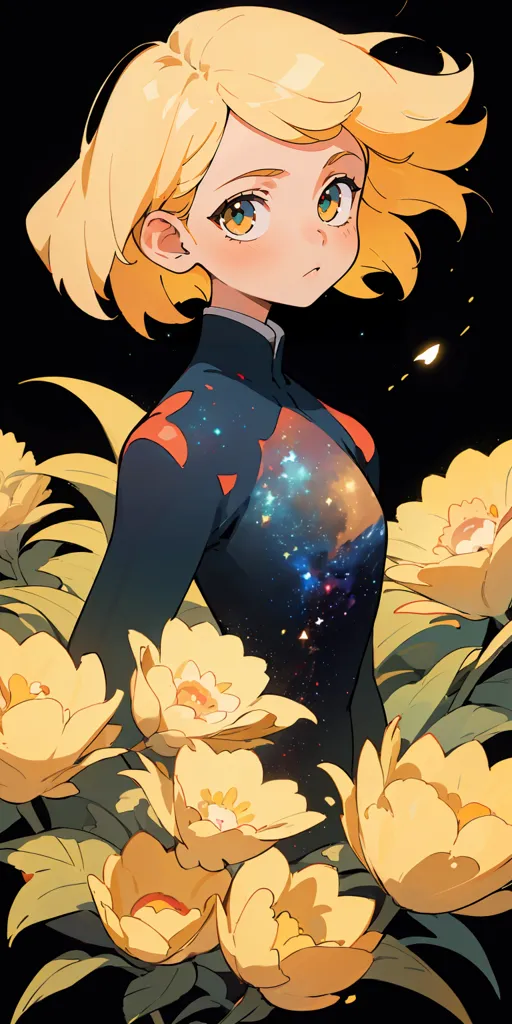 The image is a painting of a girl with short blond hair and yellow eyes. She is wearing a dark blue shirt with a yellow collar. The shirt has a pattern of stars and galaxies on it. The girl is standing in a field of yellow flowers. The background is black. The girl's expression is serious and thoughtful.