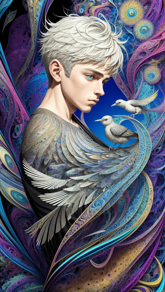 The image is a portrait of a young man with white hair and blue eyes. He is wearing a black shirt and has a white feather in his hair. He is surrounded by colorful, abstract shapes and two white doves. The background is a dark blue color. The man's expression is serious and thoughtful.