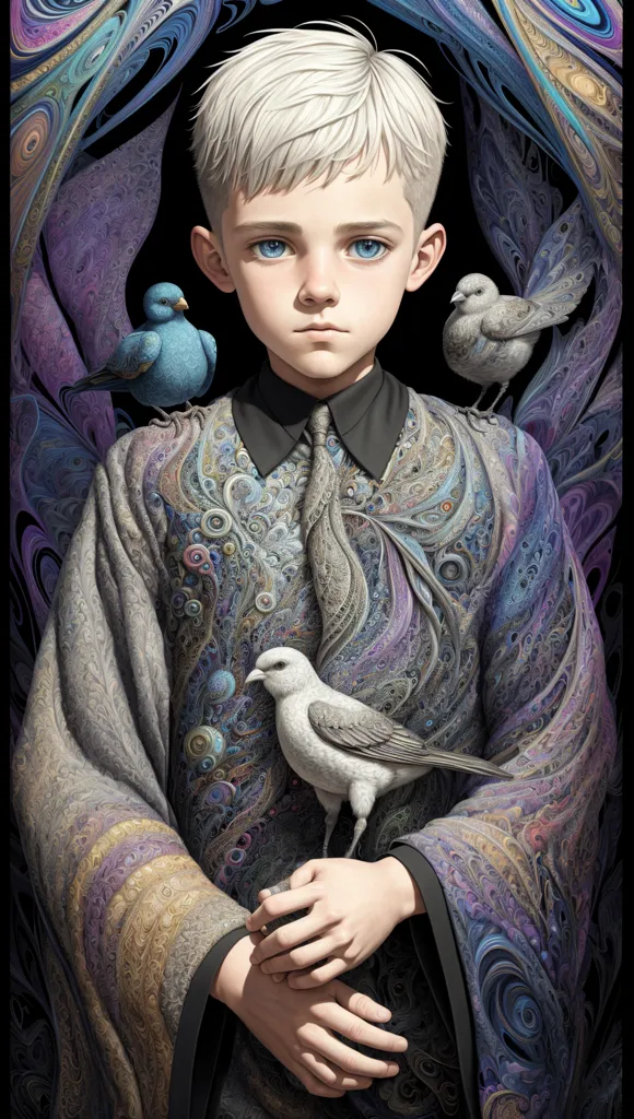 The image is a portrait of a young boy with short white hair and blue eyes. He is wearing a black shirt with a white collar and a black jacket with intricate, colorful patterns. The boy has a serious expression on his face and is looking directly at the viewer. There are three birds perched on his shoulders and one in his hands. The background is dark and purple with a paisley pattern.