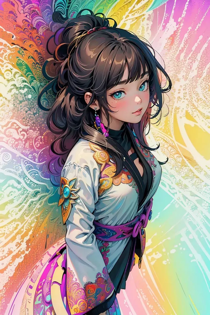 The image is a portrait of a young woman with long brown hair and blue eyes. She is wearing a white kimono with a colorful floral pattern and a purple obi. Her hair is tied in a ponytail and she is wearing a pair of earrings. The background is a bright rainbow of colors. The image is drawn in a realistic style and the woman's expression is soft and serene.