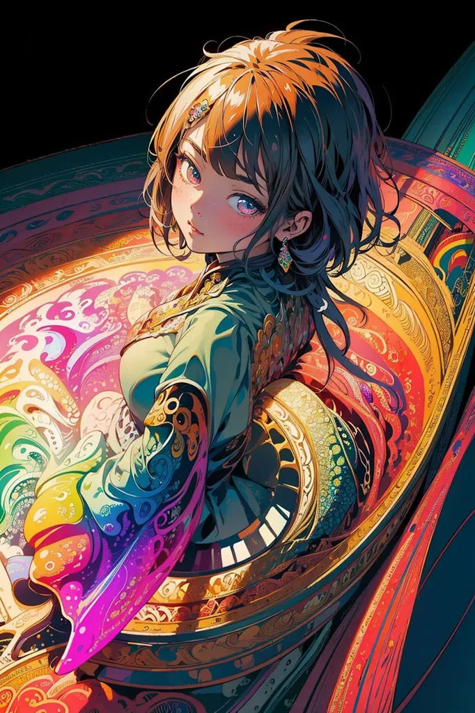 The image is a portrait of a young woman with long brown hair and blue eyes. She is wearing a colorful kimono with intricate patterns. The background is a dark color with a glowing, multi-colored pattern. The woman is sitting in a golden, circular structure that has an ornate design. She is looking at the viewer with a serious expression.