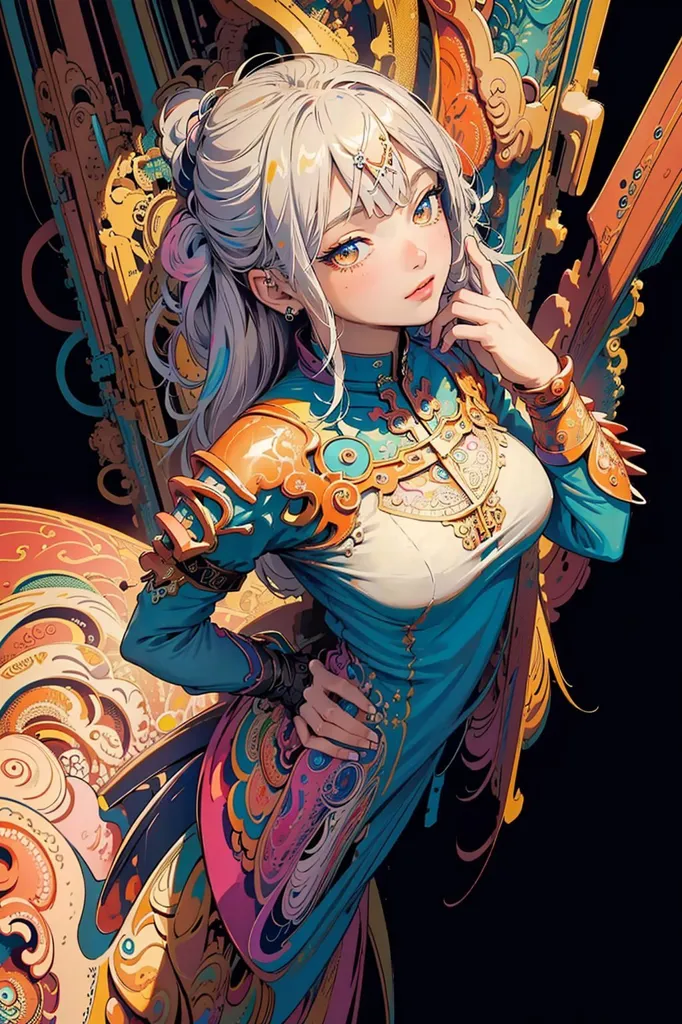 The image is a painting of a beautiful woman with long white hair and blue eyes. She is wearing a blue and white dress with gold trim and has a sword in her hand. She is standing in front of a dark background with a glowing yellow object behind her.