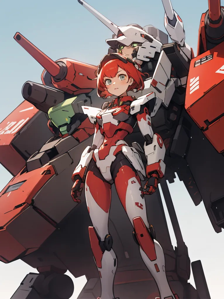 Esta es una ilustración de un mecha rojo y blanco. El mecha está de pie en un desierto. Hay una chica con el cabello rojo y ojos verdes de pie frente al mecha. La chica lleva un traje de cuerpo rojo y blanco. El mecha tiene un cañón grande en su brazo derecho y un cañón más pequeño en su brazo izquierdo. El mecha también tiene una mochila grande con un par de alas en ella.