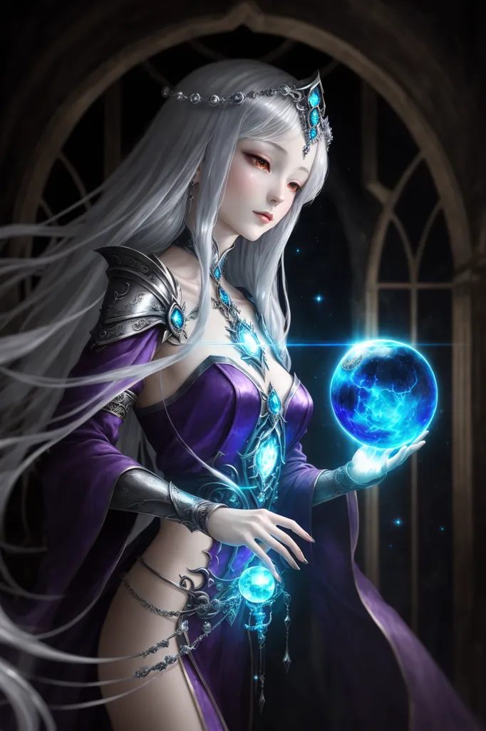 The image is of a beautiful woman with long white hair and red eyes. She is wearing a purple dress with a low neckline and a high slit. She is also wearing a silver crown and a necklace with a large blue gem in the center. She is standing in front of a dark background with a large blue orb in her hand.