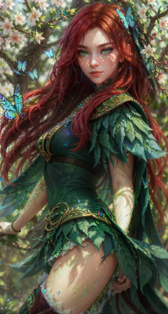 This image shows a beautiful woman with long red hair and green eyes. She is wearing a green dress made of leaves and flowers. There are butterflies flying around her. She is standing in a forest and there are trees and flowers in the background.