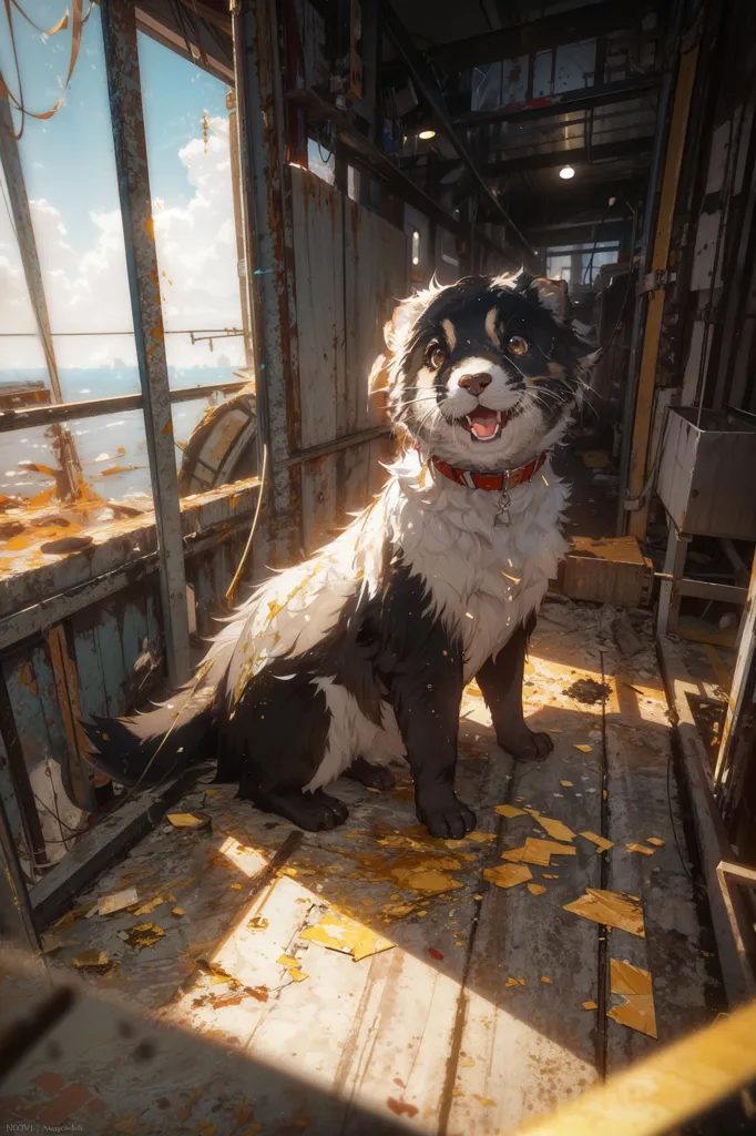 La imagen es una pintura de un perro en un edificio en ruinas. El perro está sentado en un piso de madera, y hay una ventana grande en el fondo. La ventana está cubierta de telarañas, y las paredes están cubiertas de graffiti. El perro es blanco y negro, y tiene un collar rojo. El perro mira al espectador con una expresión feliz en su rostro.