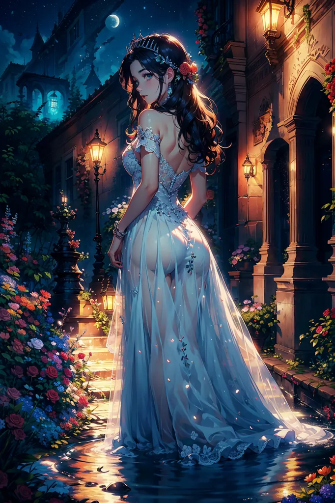 La imagen muestra a una hermosa mujer con un vestido azul. El vestido está hecho de un material fino y gasa, y está fuera del hombro. La mujer tiene el cabello largo y oscuro, y lleva una corona de flores. Está de pie en un jardín, rodeada de flores. Hay un edificio al fondo. La luna brilla en el cielo.