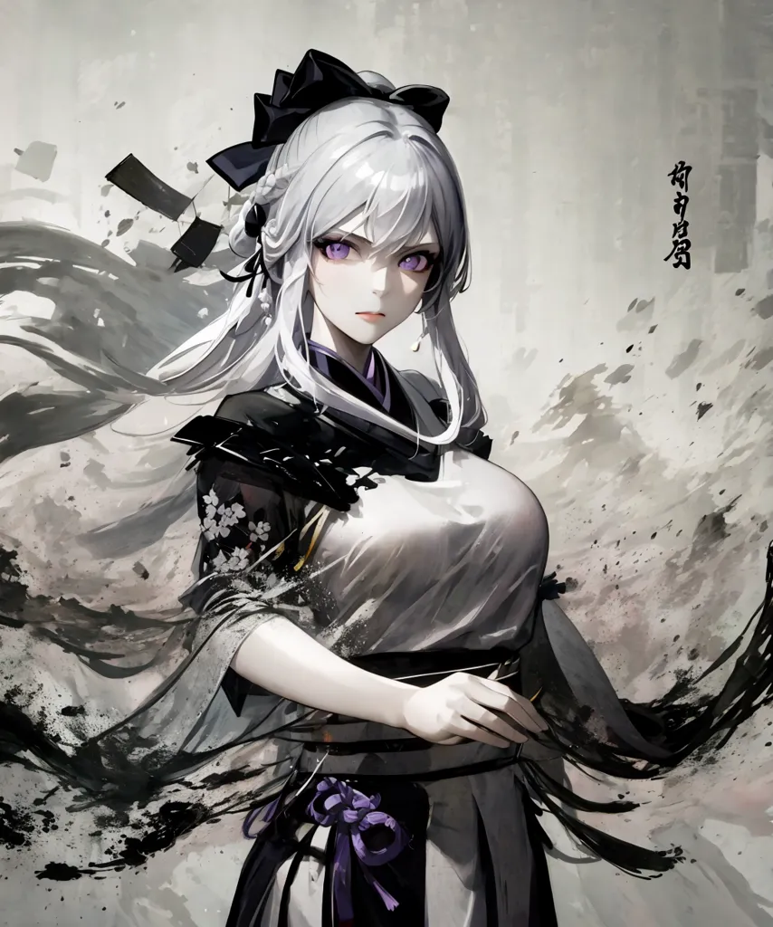 The image is a portrait of a young woman with long white hair and purple eyes. She is wearing a traditional Japanese kimono with a black and white floral pattern. The kimono is tied with a purple obi sash. Her hair is tied in a large black bow. She has a serious expression on her face. The background is a blur of grey and black.