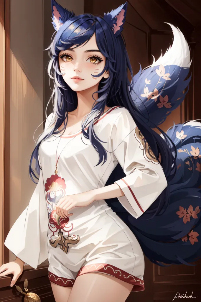 The image is of a young woman with long blue hair and fox ears. She is wearing a white dress with red and blue trim. The dress is off the shoulders and shows her shoulders and collarbone. She is also wearing a pair of white shorts. The woman is standing in front of a wooden door. She has a small smile on her face and is looking at the viewer.