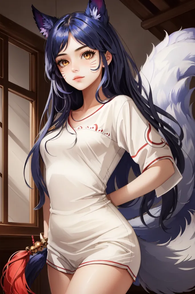 The image is of a young woman with long blue hair and a fluffy blue and white tail. She is wearing a white shirt and white shorts. She has yellow eyes and a small smile on her face. She is standing in a room with a wooden wall and a window.