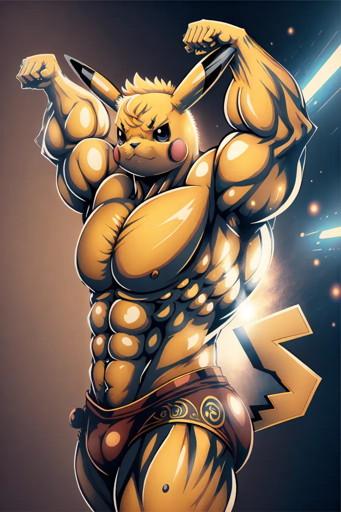 The image is of a muscular Pikachu, a character from the Pokémon franchise. It is standing in a powerful pose, with its arms flexed and its chest puffed out. It is wearing a loincloth and has a determined expression on its face. The background is a dark color with some yellow and white highlights