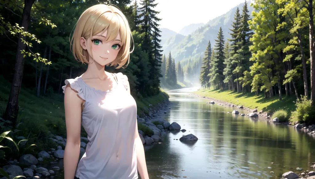 The image shows a young woman with short blonde hair and green eyes. She is standing in a forest near a river. The woman is wearing a white tank top and denim shorts. She is barefoot and has a small smile on her face. The background of the image is a forest with green trees and mountains in the distance. The river is flowing from the mountains and is surrounded by rocks and pebbles. The image is peaceful and serene.