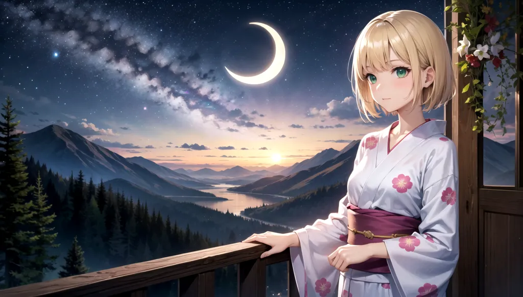 The image is a beautiful anime girl with blonde hair and green eyes. She is wearing a pink and white kimono with floral patterns. She is standing on a balcony, leaning on the railing and looking out at the view. The background is a mountain landscape with a river running through it. The sky is dark and there is a crescent moon in the sky. The image is very peaceful and serene.