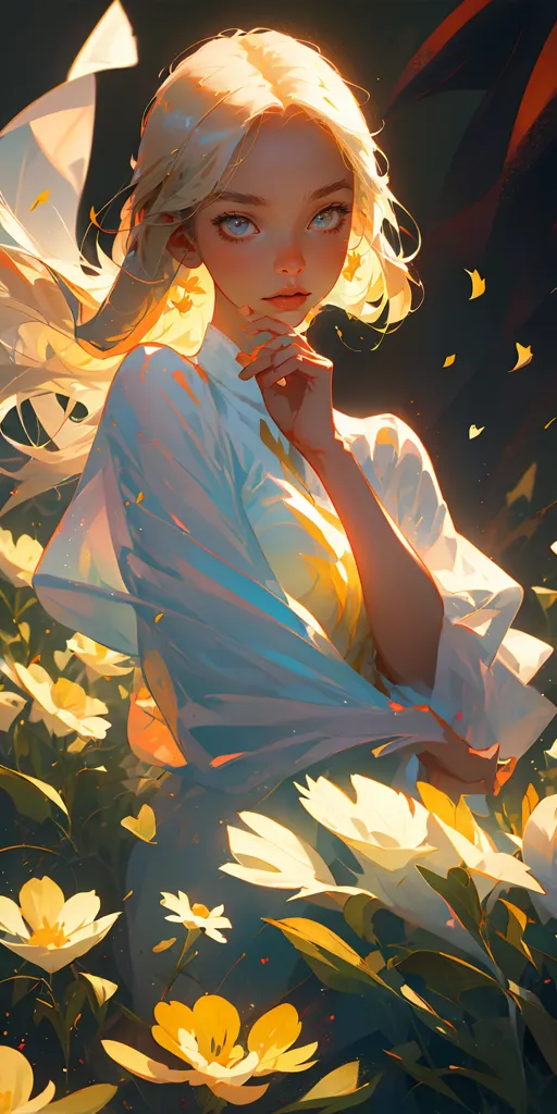 The image is a painting of a beautiful woman with long blonde hair and blue eyes. She is wearing a white dress and is standing in a field of yellow flowers. The background is dark and there is a bright light shining on the woman. The painting is very detailed and the woman's expression is serene and thoughtful.