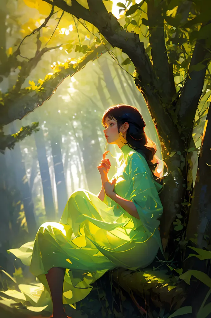 The image is a painting of a beautiful woman in a green dress sitting under a tree. The woman is looking to the right of the frame. She has long brown hair and is wearing a green dress with a white sash. The tree is large and has many branches and leaves. The leaves are a light green color. The background is a blur of light green and yellow. The painting is done in a realistic style and the colors are vibrant and lifelike.