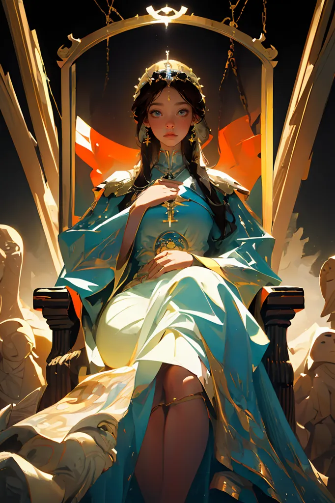 This image shows a woman sitting on a throne. She is wearing a blue and white dress with a gold crown on her head. She has long brown hair and blue eyes. She is sitting on a golden throne with a red and white flag behind her. There are two stone statues of lions on either side of the throne.