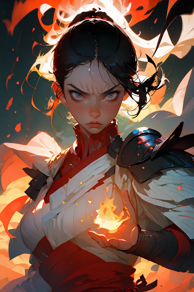 This is an image of a young woman with long black hair and red eyes. She is wearing a white and red outfit and has a determined expression on her face. She is holding a fireball in her right hand. The background is a fiery orange color.