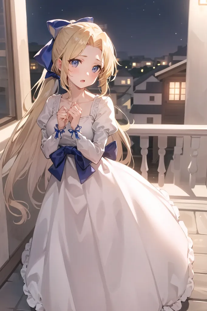 The image is a painting of a young girl with long blonde hair and blue eyes. She is wearing a white dress with a blue sash and a large blue bow in her hair. She is standing on a balcony, looking out at a city at night. The city is lit up by the lights of the buildings and the stars in the sky. The girl is holding her hands together and has a worried look on her face.