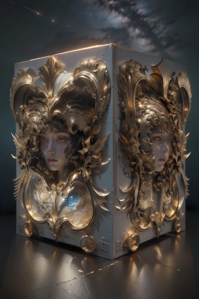 L'image est un rendu 3D d'un boîtier doré avec deux visages féminins dessus. Les visages se regardent l'un l'autre. Le boîtier est décoré de sculptures complexes et a un cristal bleu au centre. L'arrière-plan est un ciel sombre avec des étoiles et des nuages.