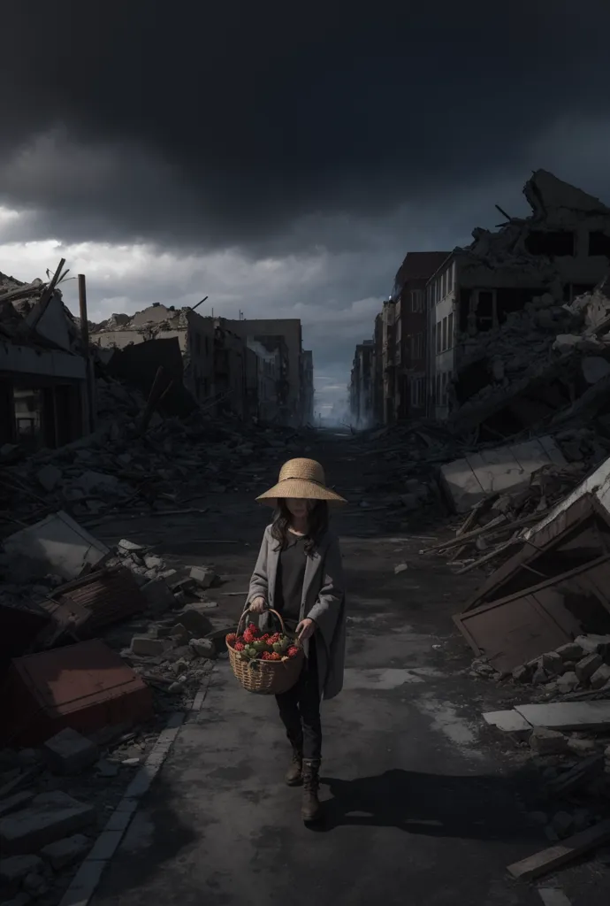 The image is a post-apocalyptic scene. A girl is walking down a street in a destroyed city. The buildings are in ruins and the ground is covered in rubble. The girl is wearing a hat and carrying a basket of strawberries. She is looking down at the ground as she walks. The image is in dark colors and the atmosphere is sad and lonely.