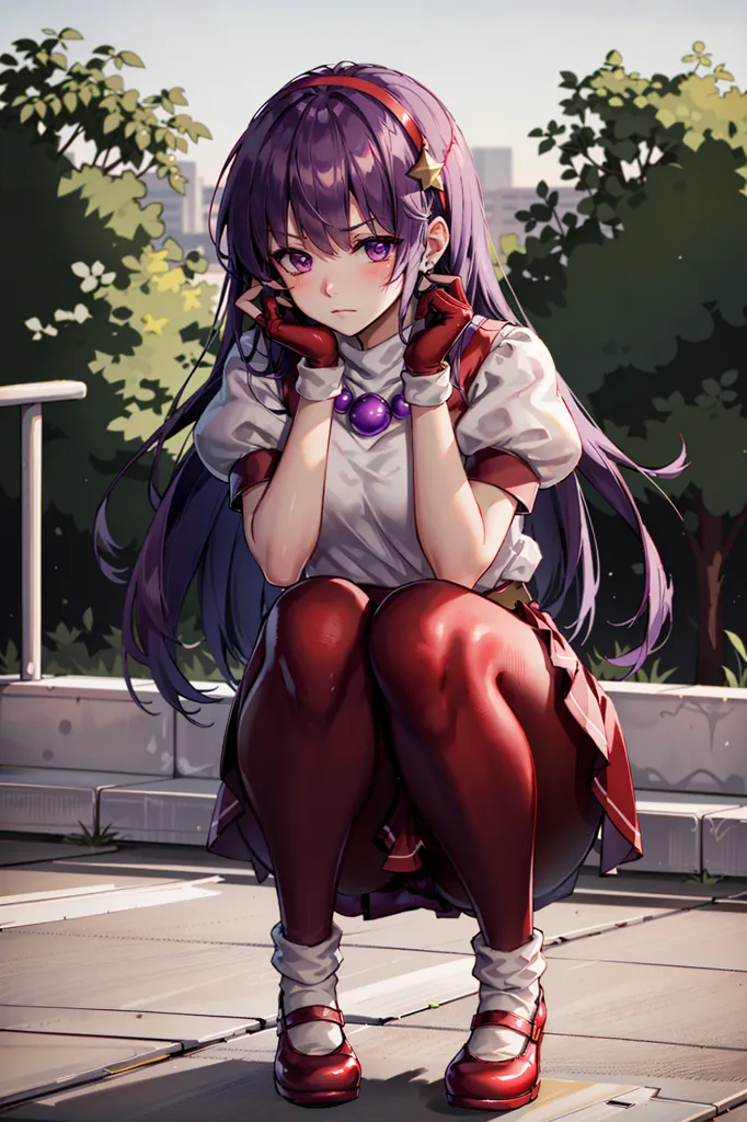 The image depicts a young girl with purple hair and purple eyes. She is wearing a white shirt, red gloves, and red stockings. She is sitting on a rooftop with a thoughtful expression on her face. The background is blurry, with a few trees in the distance.