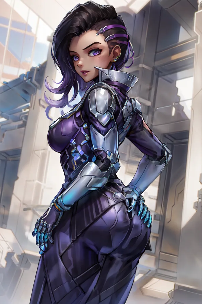 The picture shows a young woman, with purple hair and eyes, wearing a purple and grey bodysuit. She is standing with her back to the viewer, looking over her shoulder with a confident expression. She has a cybernetic left arm and a device attached to her right hip.