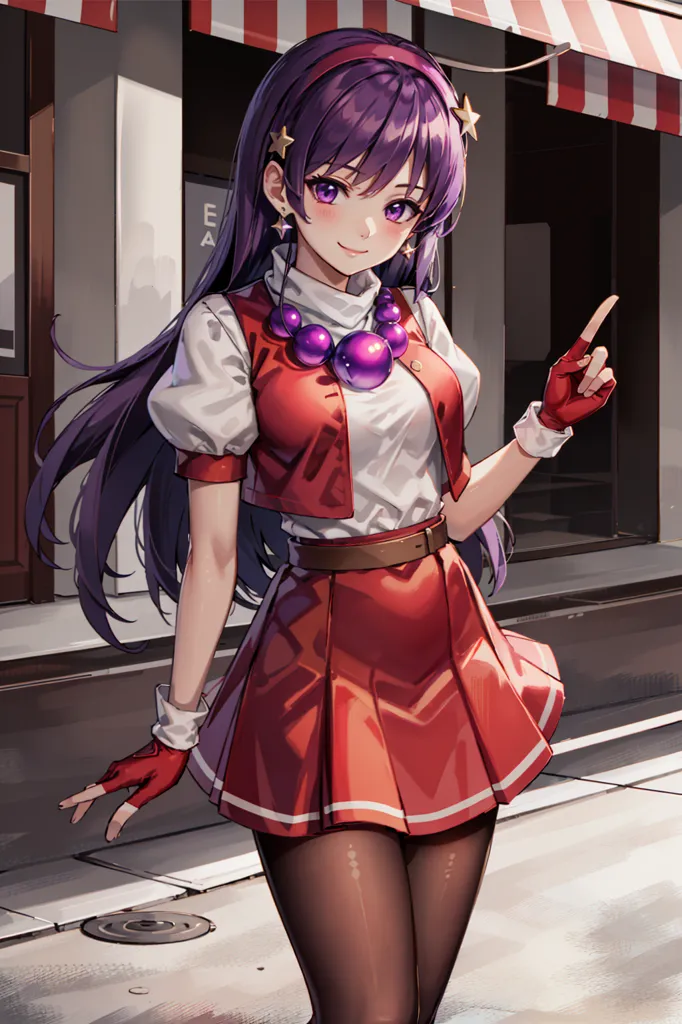 This image shows a young woman, with a slight smile on her face, pointing with one finger while wearing a red and white outfit with a pleated skirt. She has purple hair and purple eyes with three purple star-shaped hair accessories on the left side of her head. She is wearing a necklace with three purple balls and has on a pair of red fingerless gloves. She appears to be standing outside of a building with a striped awning above it.