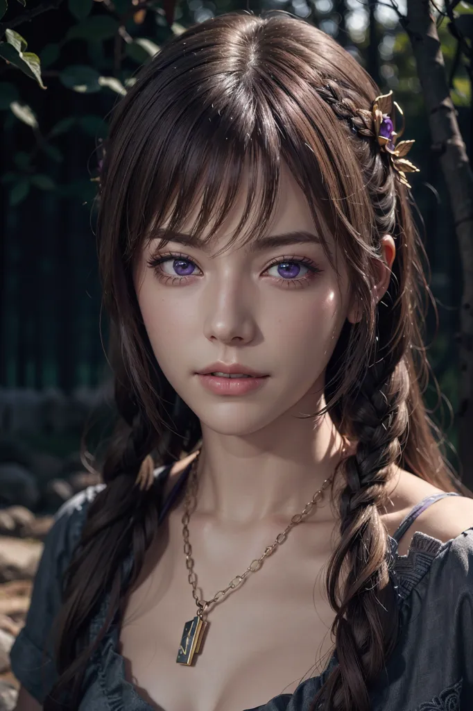 The image shows a young woman with long brown hair and purple eyes. She is wearing a gray dress with a white camisole. Her hair is braided and she is wearing a necklace with a pendant. She is standing in a forest and there are green leaves in the background. The woman has a soft smile on her face and she is looking at the viewer.