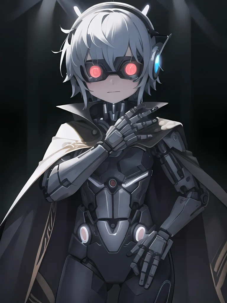 The image is of a robot girl with white hair and red eyes. She is wearing a black and gray bodysuit with a white cape. The girl is standing in a dark room with a spotlight shining down on her. She has a serious expression on her face and is looking at the viewer.