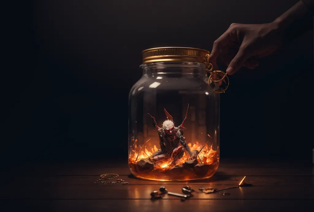 The image is a digital painting of a glass jar with a metal lid. Inside the jar is a small, demonic creature with red skin and black wings. The creature is sitting on a pile of rocks, and there is a fire burning beneath it. The jar is sitting on a wooden table, and there are several keys and other objects scattered around it. The background is a dark, nondescript wall.

The image is very detailed, and the artist has used a variety of techniques to create a realistic and immersive scene. The lighting is particularly well done, and the artist has used a variety of light sources to create a sense of depth and atmosphere. The textures are also very well done, and the artist has used a variety of materials to create a sense of realism.

Overall, the image is a very well-done and realistic piece of digital art. The artist has used a variety of techniques to create a sense of depth, atmosphere, and realism. The image is sure to please fans of digital art and horror.