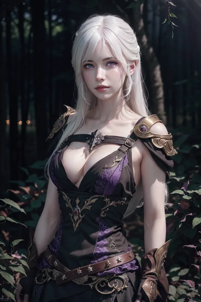 The image shows a beautiful woman with long white hair and blue eyes. She is wearing a purple and black dress with a low neckline and a belt with a large buckle. She is also wearing brown leather boots and has a sword on her hip. She is standing in a forest, and there are trees and leaves all around her.