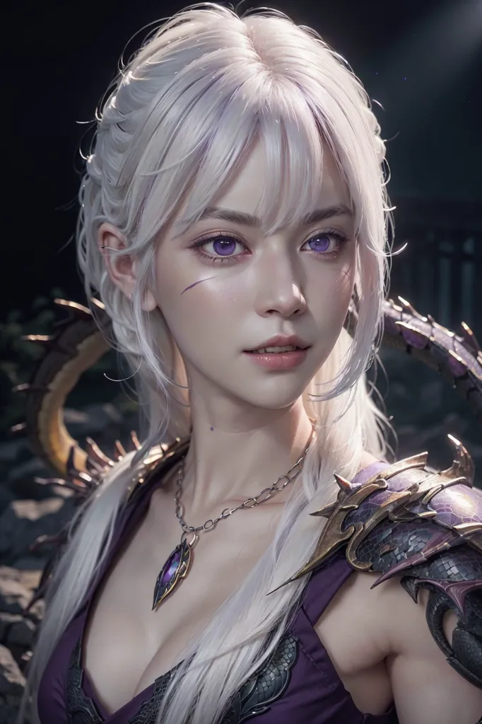 The image shows a beautiful woman with long white hair and purple eyes. She is wearing a purple dress with a silver necklace and has a sword on her hip. She is standing in a dark place, with a stone wall in the background. The woman has a serious expression on her face and looks like she is ready for battle.