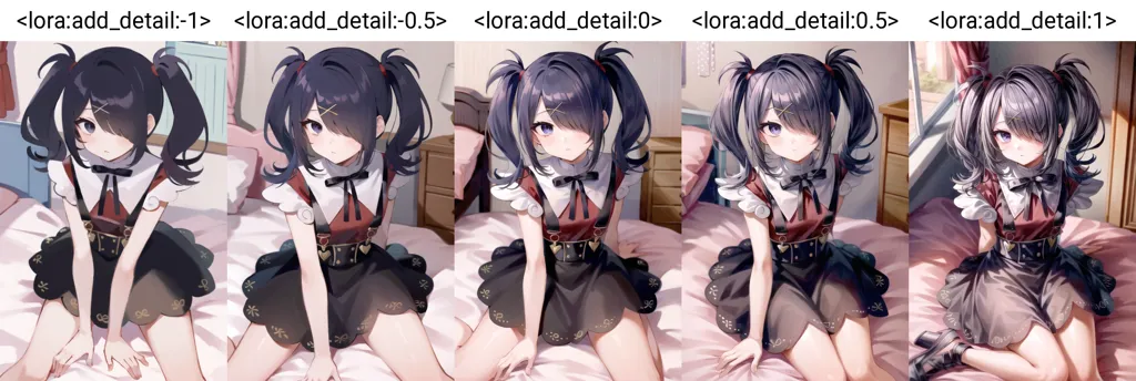 The image shows a girl with black hair and purple eyes. She is wearing a red and black dress with a white collar. She is sitting on a bed with her legs crossed. There are five images of her, each with a different level of detail. The first image has the least detail, while the fifth image has the most detail.