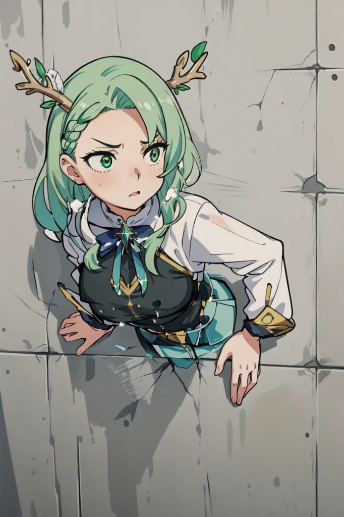 The image depicts an anime-style girl with green hair and antlers emerging from a hole in a concrete wall. She has a look of determination on her face, and her outfit consists of a white shirt, a green vest, and a blue skirt. The girl's hands are gripping the edges of the hole, and her legs are positioned against the wall. The background of the image is a solid grey, which makes the girl stand out.