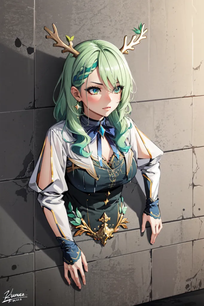 The image depicts a young woman with green hair and antlers emerging from her head. She is wearing a white and green dress with a corset. Her hands are on the stone wall behind her, and she is looking out at the viewer with a curious expression on her face.