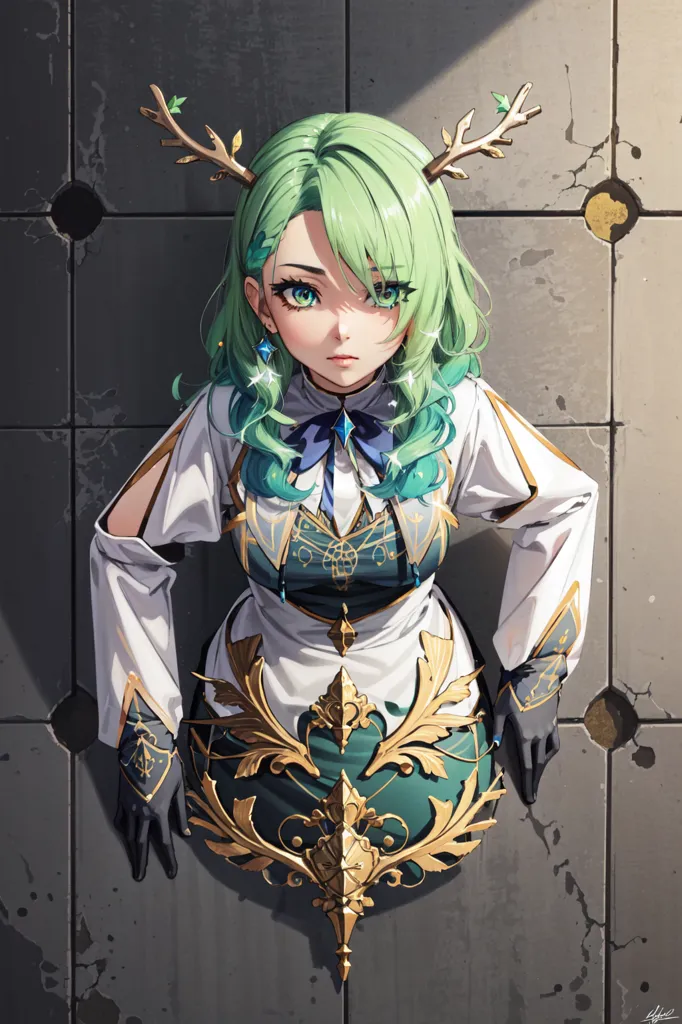 The image is a painting of a young woman with long green hair and green eyes. She is wearing a white dress with a green corset and a gold necklace. She has deer antlers on her head and is barefoot. She is standing in front of a stone wall with her hands pressed against it. She is looking at the viewer with a serious expression.