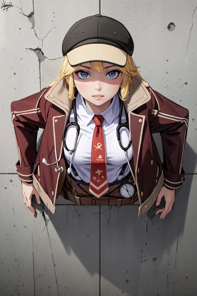 The image depicts a young woman with blond hair and blue eyes. She is wearing a cap, a red and white jacket, a white shirt, a red tie, and a stethoscope. She is looking at the viewer with a serious expression. She is standing in front of a cracked concrete wall.