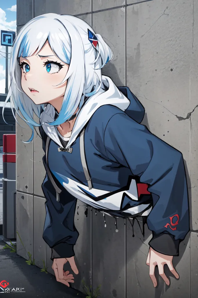 La imagen representa a una chica de estilo anime con el cabello blanco y los ojos azules. Lleva una sudadera azul con un diseño de tiburón en la parte delantera. La chica está asomando por un agujero en una pared de hormigón. Tiene las manos apoyadas en la pared a ambos lados del agujero y mira al espectador con una expresión irritada en el rostro.