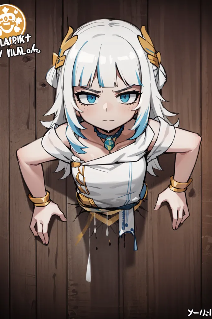 The image depicts a young woman with white hair and blue eyes. She is wearing a white dress with a blue sash and has a gold necklace around her neck. She is trapped in a wooden wall, with her hands and head sticking out. Her expression is one of determination and strength. The image is drawn in an anime style, and the colors are bright and vibrant.