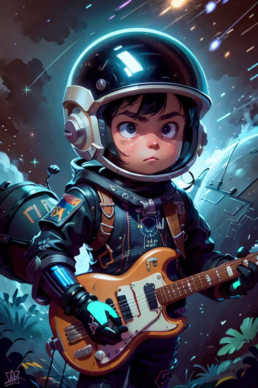 Um astronauta de desenho animado em um traje espacial preto e amarelo com um capacete de bolha transparente está tocando uma guitarra elétrica. Há estrelas e um planeta ao fundo.