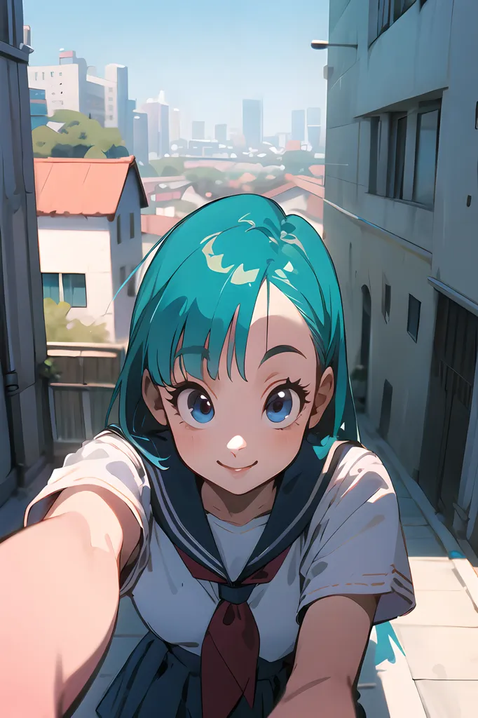 This is an image of a young girl with bright teal hair. She is wearing a white shirt with a blue collar and a red tie. She is also wearing a pleated skirt. The girl is standing in an alleyway and there are buildings on either side of her. There is a building with red-tiled roof behind her. The girl is smiling and has her eyes closed. She is holding her phone in one hand and is taking a selfie. The background of the image is blurred.