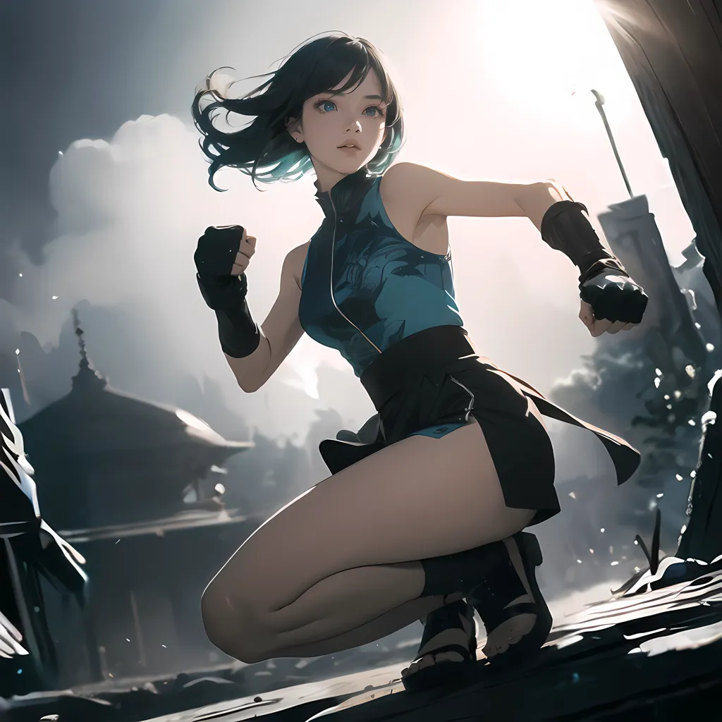 The image is of a young woman in a blue and black outfit. She is crouched down in a fighting stance, with her fists raised and her feet shoulder-width apart. Her eyes are narrowed and her expression is determined. She has blue hair and blue eyes, and she is wearing a black belt. The background is a blur of grey and blue, with a few trees and buildings in the distance.