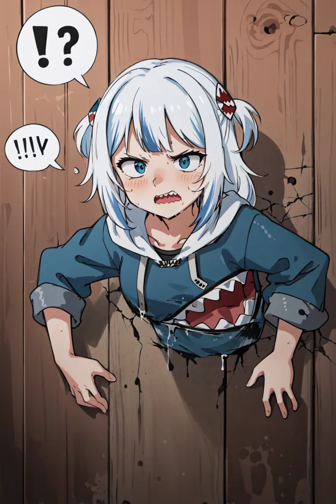 The image depicts an anime-style girl with white hair and blue eyes. She is wearing a blue hoodie with a shark tooth design on the front. The girl is breaking through a wooden wall, with her hands and feet sticking out. Her expression is one of surprise and determination.